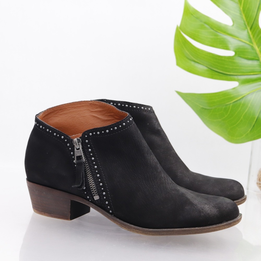 Lucky Brand Womens Benna Boots Size 9.5 Black Leather Studded Ankle Zip Booties